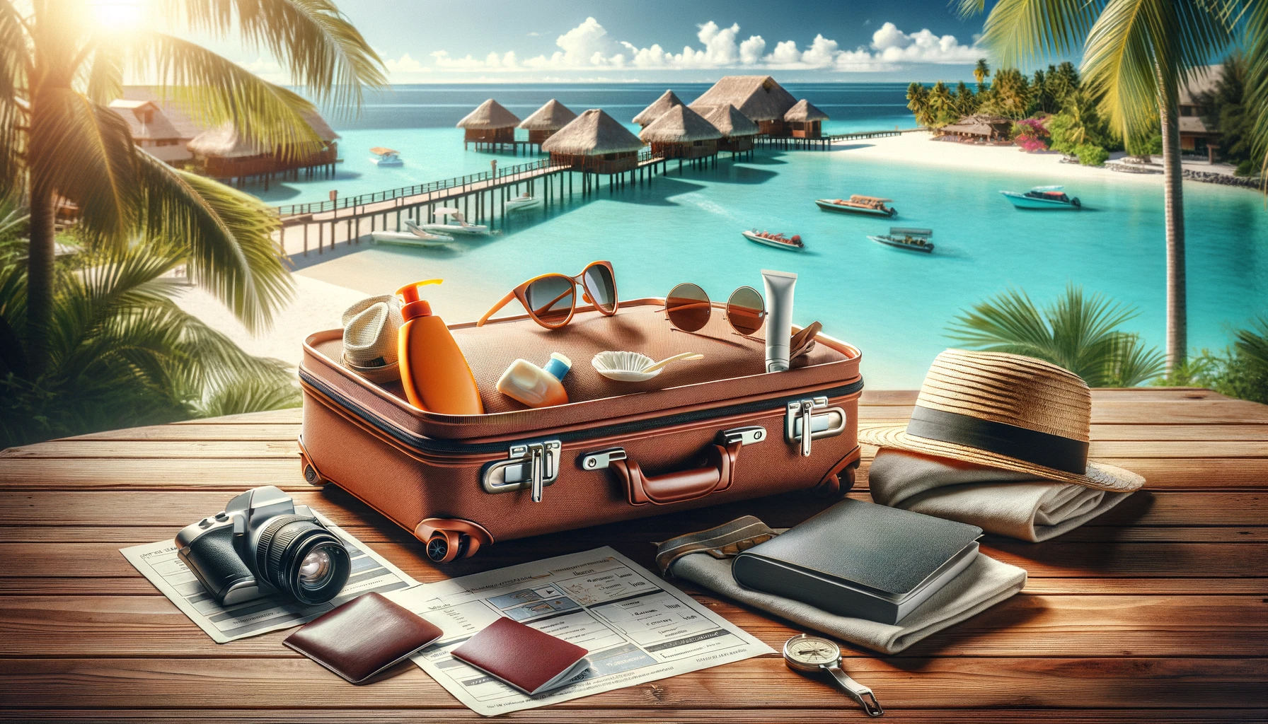 Essential items for a tropical vacation laid out on a wooden table, including a suitcase, travel documents, a camera, sunscreen, sunglasses, and a straw hat, with overwater bungalows and azure sea in the background.